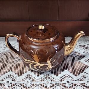 Gibsons Ceramic Teapot Brown Gold Floral Antique Style with Lid and Handles